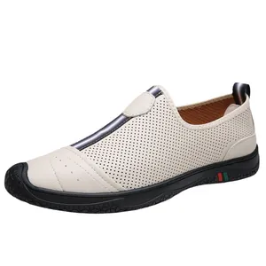 Breathable men's hollow leather loafers in beige with non-slip thick rubber soles