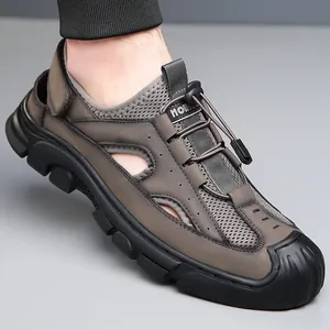 Brown mesh closed-toe men's outdoor sport sandals with bungee lace-up and rubber sole