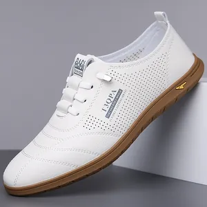 Herren Lässige Lederschuhe Sommer Atmungsaktiv Perforiert Weiß Loafers Rutschfeste Gummisohle Slip-on Fahrschuhe