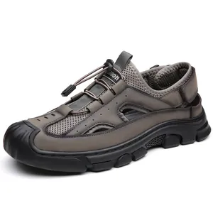 Outdoor men's gray closed-toe hiking sandals with breathable mesh and non-slip rubber sole