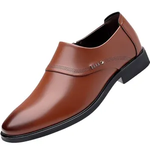 Classic brown men's slip-on business leather shoes with non-slip rubber soles for formal wear