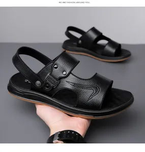 Detailed view of genuine leather texture and metal buckle on black men's beach sandals