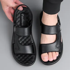 Men's premium black leather beach sandals with non-slip sole and dual-use heel strap