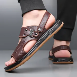 Men's brown leather beach sandals with adjustable buckles and durable rubber soles