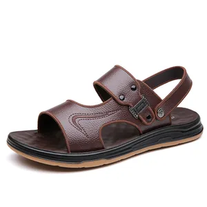 Men's genuine leather beach sandals in dark brown with anti-slip rubber soles