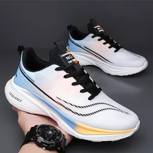 Close-up of breathable mesh running shoes with blue and orange gradient details