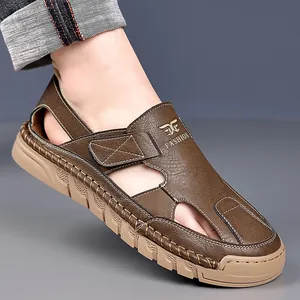 Herren Leder Casual Sandalen Hollow Out Atmungsaktiv Strandschuhe Mit Rutschfester Gummisohle Retro Klettverschluss Sommer Outdoor Schuhe