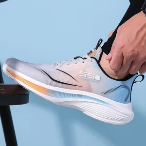Chaussures de running pour hommes en mesh respirant dégradé bleu-gris et semelle épaisse