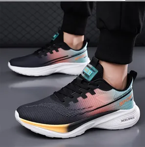 Detail view of breathable gradient mesh running shoes with thick cushioning midsole