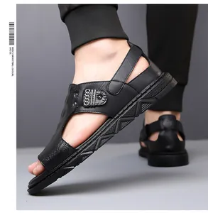 Close-up of men's leather sandals featuring breathable hollow-out design and velcro strap
