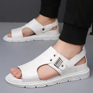 Men's white crocodile texture leather sandals with thick rubber soles and heel straps