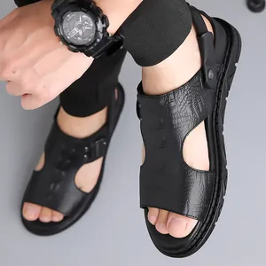 Men's black crocodile texture leather sports sandals with adjustable heel strap