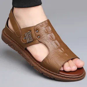 Men's brown leather sport sandals with crocodile texture and non-slip thick soles