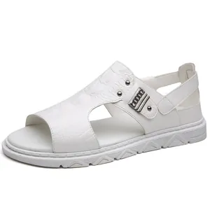 White crocodile pattern men's sandals with metal studs and thick rubber sole