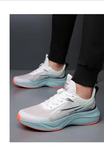 Close-up of lightweight breathable mesh sneakers with blue MD cushioning midsole on foot