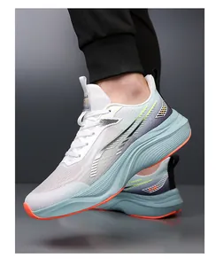 Detail view of breathable white mesh upper and thick blue foam sole on men's running shoes