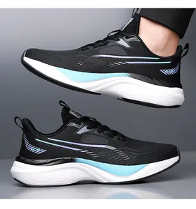 Detail view of breathable mesh running shoes with cushioned wavy sole and blue accents