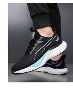 Close-up of men's breathable mesh running shoe with blue purple gradient and cushioned sole