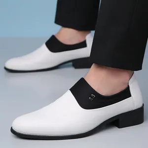 Classic white slip-on men's leather business shoes with black elastic fabric trim