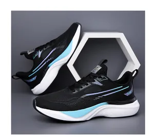 Detail view of breathable mesh running shoes with blue gradient stripes and cushioned soles