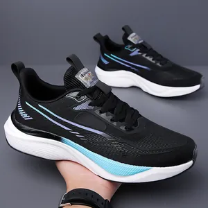 Men's breathable black mesh running shoes with thick white foam sole and blue accents
