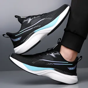 Men's breathable mesh running shoes in black and blue with thick cushioned white soles