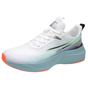 Men's breathable mesh running shoes in white and light blue gradient with orange accents