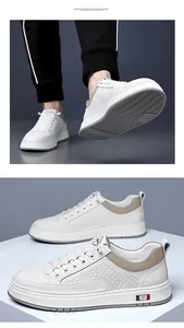 Detailed view of men's white casual leather sneakers with thick non-slip rubber soles