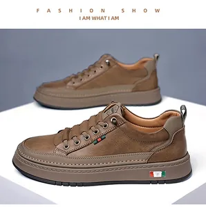 Detail of brown leather casual shoes with side stripe ribbons and metallic logo