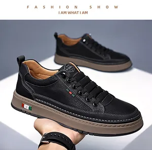 Macro detail of men leather casual shoe featuring pebbled texture and tri-color accents