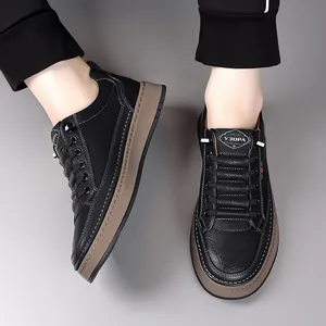 Men's casual leather shoes with black pebble grain leather and brown anti-slip soles