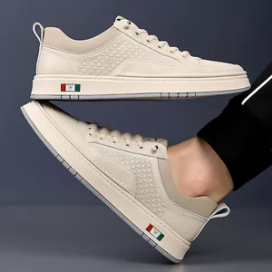 Men's cream casual leather sneakers with woven texture and slip-resistant thick sole