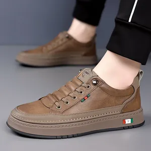 Brown faux leather men's casual sneakers with thick rubber soles and side stripe details