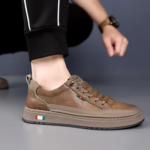 Men's brown leather casual shoes with non-slip soft sole and breathable stylish design