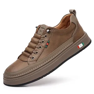 Brown leather men's casual sneakers with side stripes and soft non-slip sole