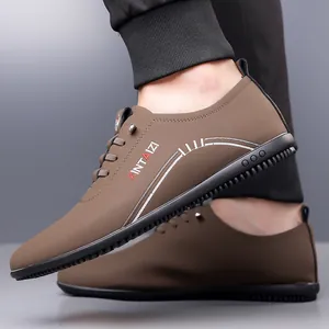Men's casual brown leather loafers with breathable soft soles and sporty side stripes