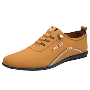 Men's breathable light brown slip-on casual shoes with embroidery and soft sole