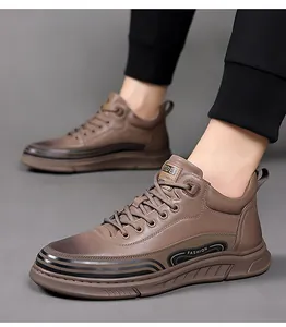 Close-up of brown leather high-top shoes with textured finish and thick rubber soles