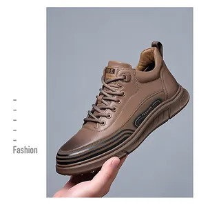 Detailed view of high-top leather casual shoe with brown texture and sturdy sole