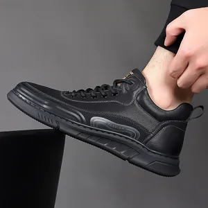 Men's stylish black leather sneakers with thick non-slip soles and fashion lettering