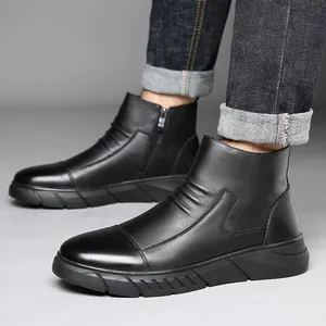 Stivali Martin da Uomo in Stile Britannico in Pelle di Vacchetta Con Cerniera Laterale Stivali da Lavoro Caldi Foderati in Pile Scarpe Casual Antiscivolo