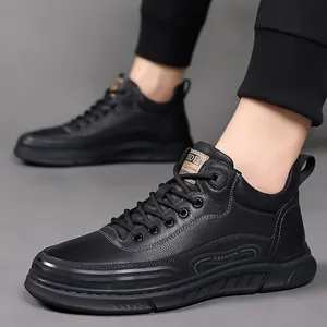 Men's black high-top casual sneakers with textured leather and non-slip rubber soles