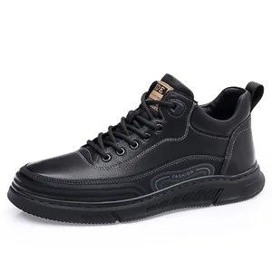 Men's black litchi grain leather high-top casual sneakers with thick rubber soles