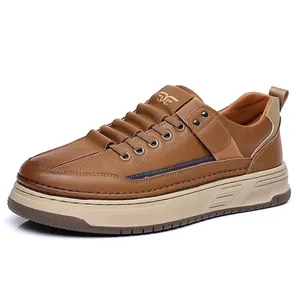 Chaussures en cuir marron foncé pour hommes style rétro avec semelle épaisse et rayures