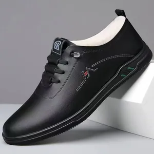 Men's winter black leather shoes with warm faux fur lining and anti-slip rubber sole