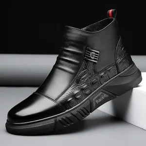 Men Martin Boots Fashion Leather Winter Boots Warm Fleece Lined Non Slip Casual Business Mid Top Boots For Men Black