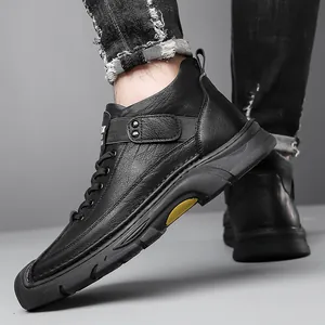 Men's retro black leather ankle boots with fleece lining and yellow sole accent