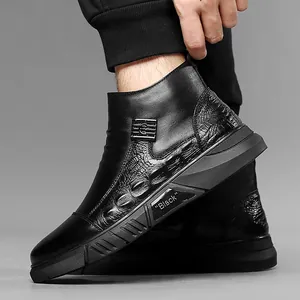 Men's high-top black leather boots with crocodile texture and fashion buckle details