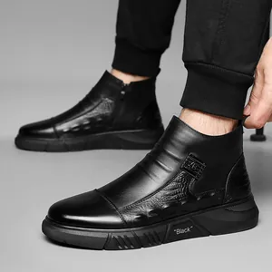 Men's black leather Martin boots with crocodile texture and fashion side zipper