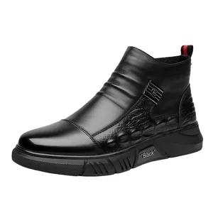 Men's high-top black leather boots with crocodile texture and warm winter lining